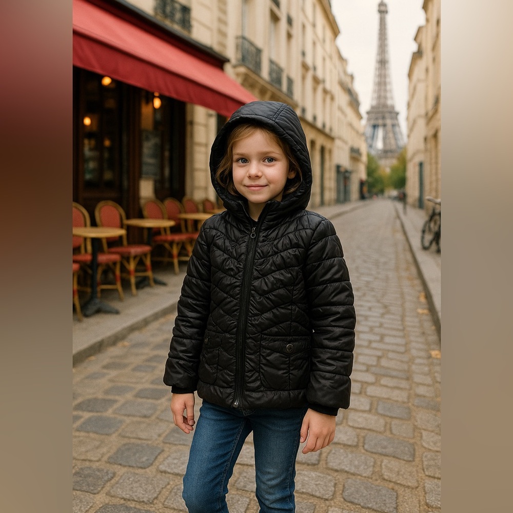 Eliane et Lena Paris Black Perette Children’s Puffer Coat Jacket Hood Size 8-10